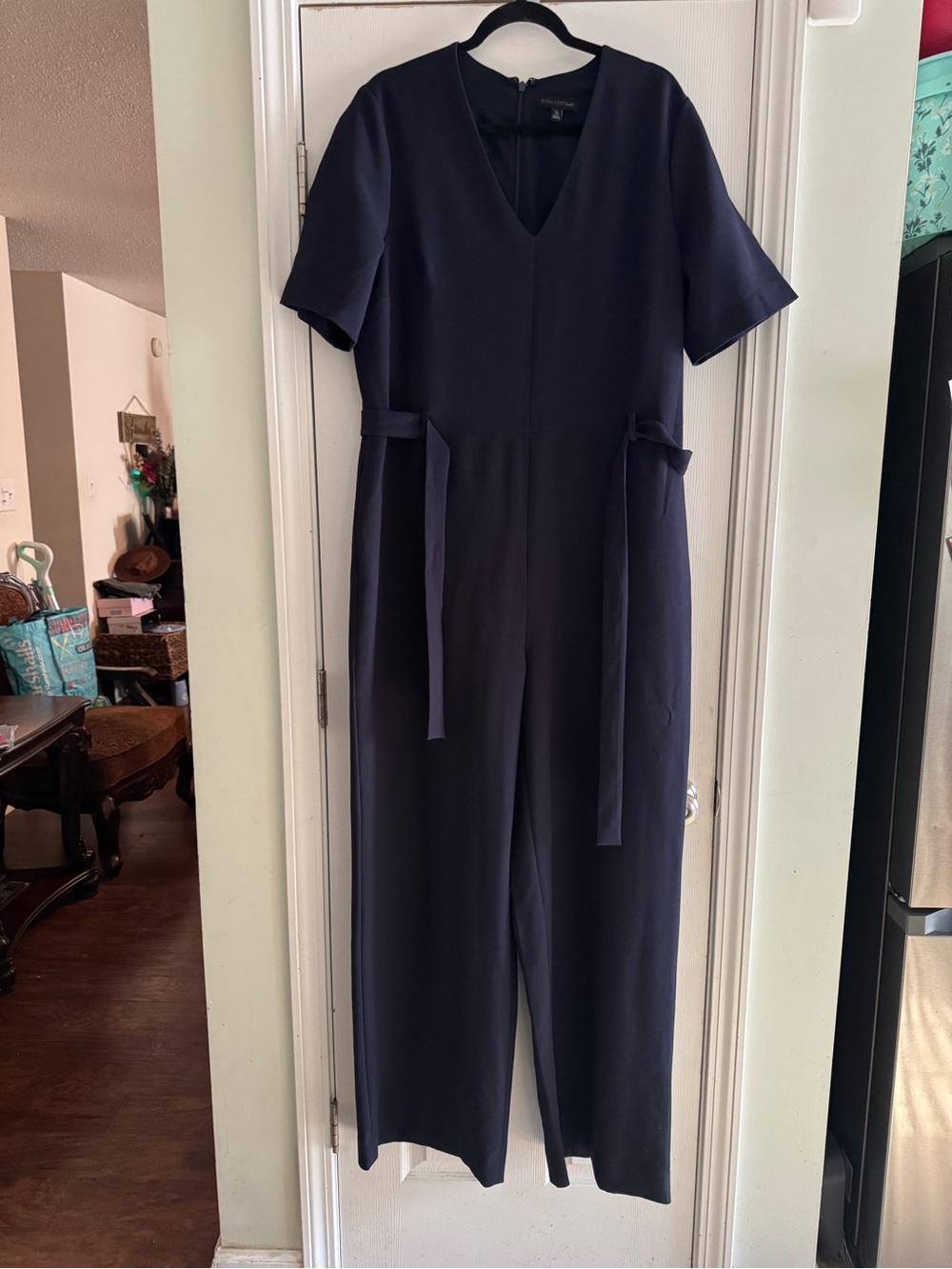 Banana Republic Navy Short-Sleeve V-Neck Jumpsuit with Tie Waist